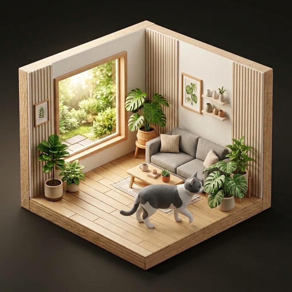 窓から光が差し込む植物のある部屋で過ごす猫