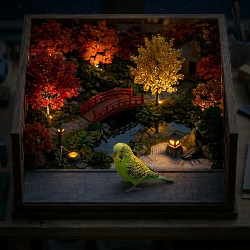 夜の静かな部屋で過ごすペットの風景